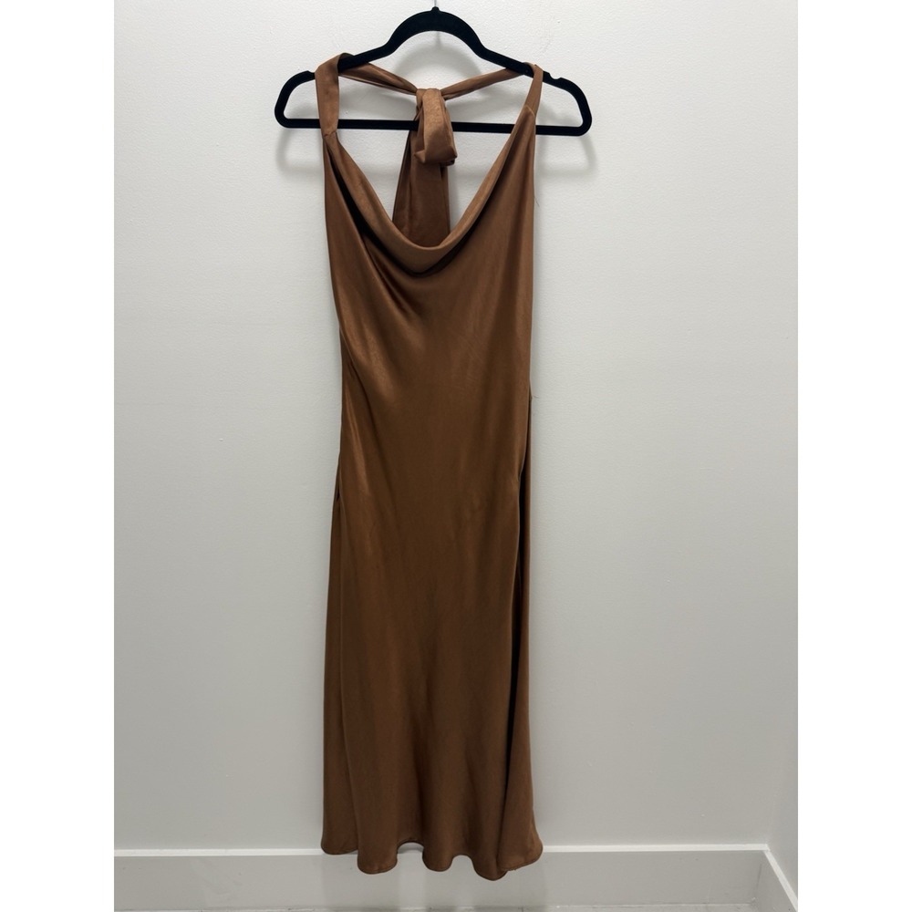 Saints + Secrets Brown Satin Halter Cowl Neck Maxi Dress AU 10 US 6 Minimalist